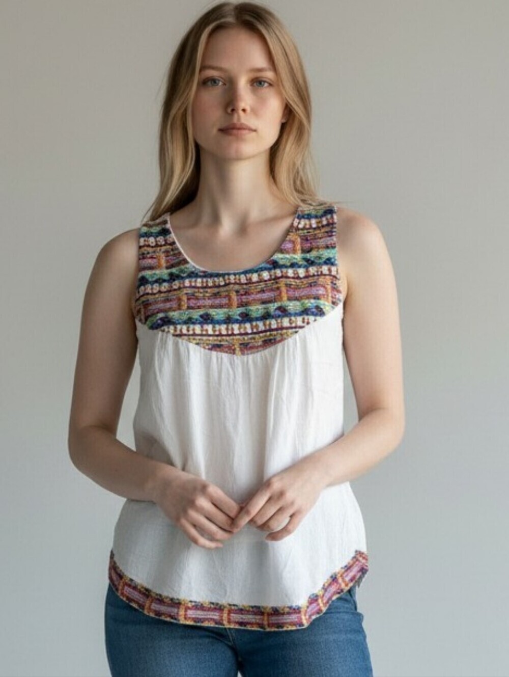 Chelsea & Violet Cream Embroidered & Beaded Tank Top (XS)